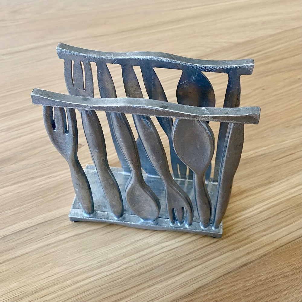 Vintage pewter spoon / fork / knife napkin holder